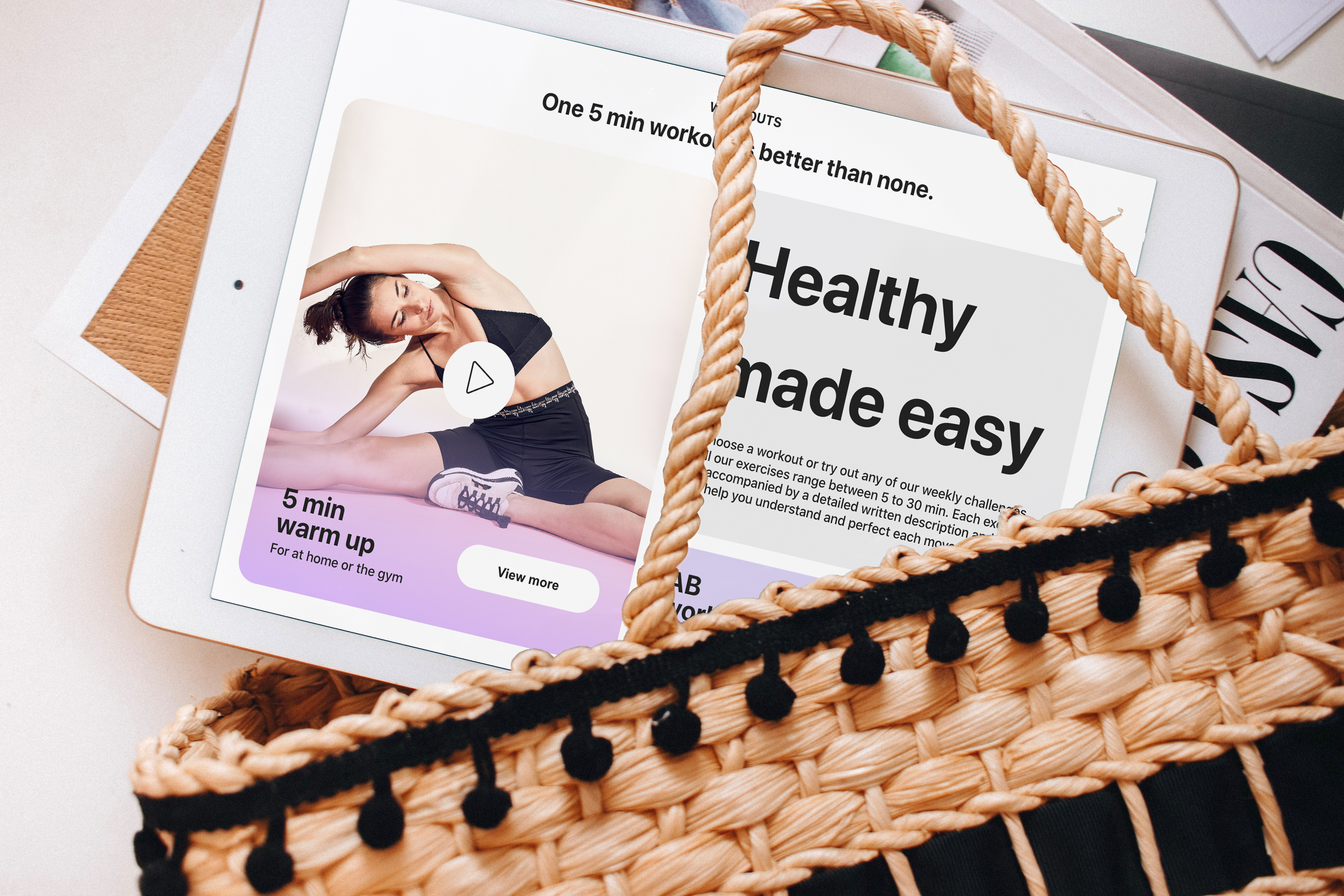 A tablet in a bag displaying the UX design landing page
