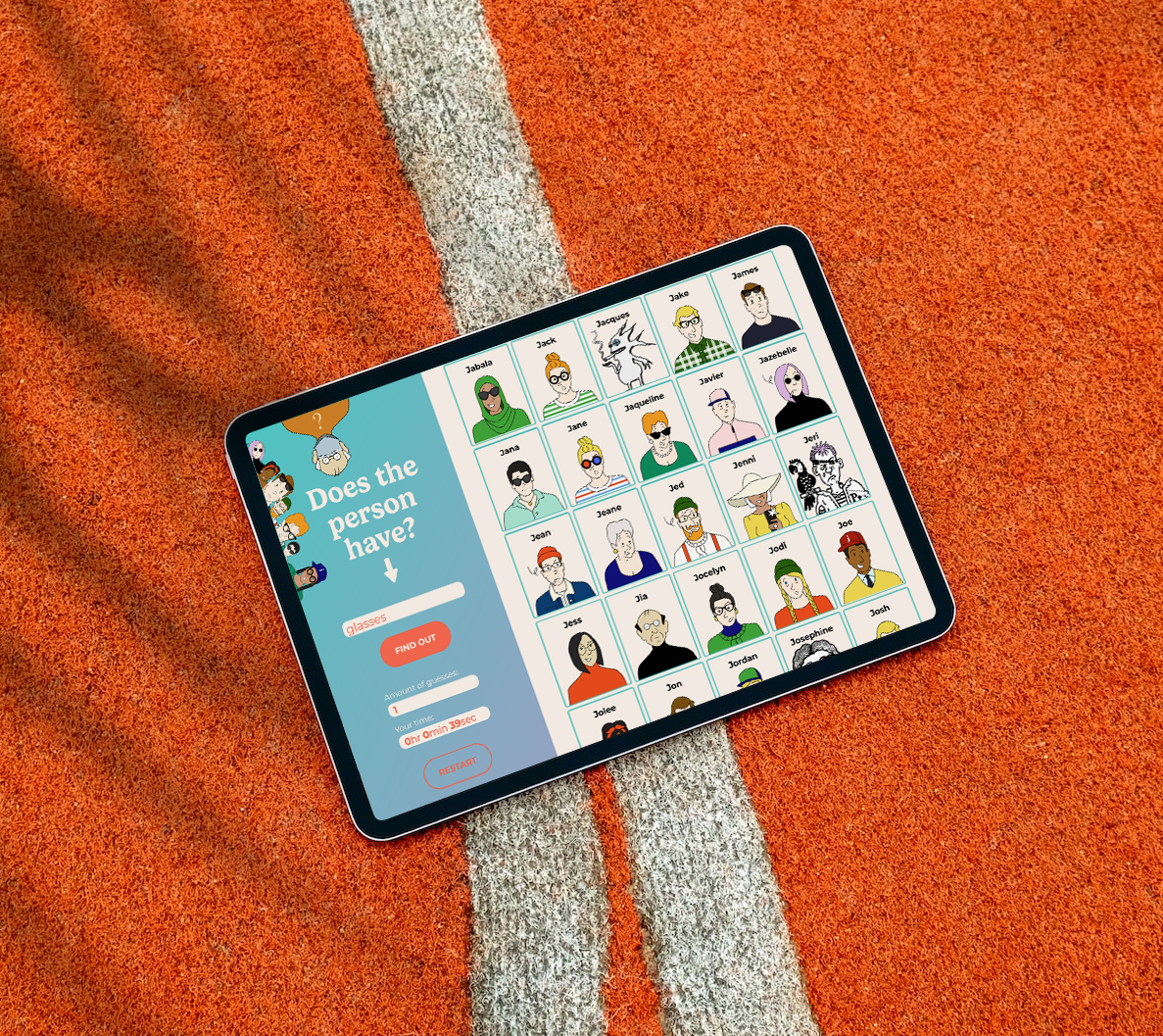 Tablet displaying the guess-who game