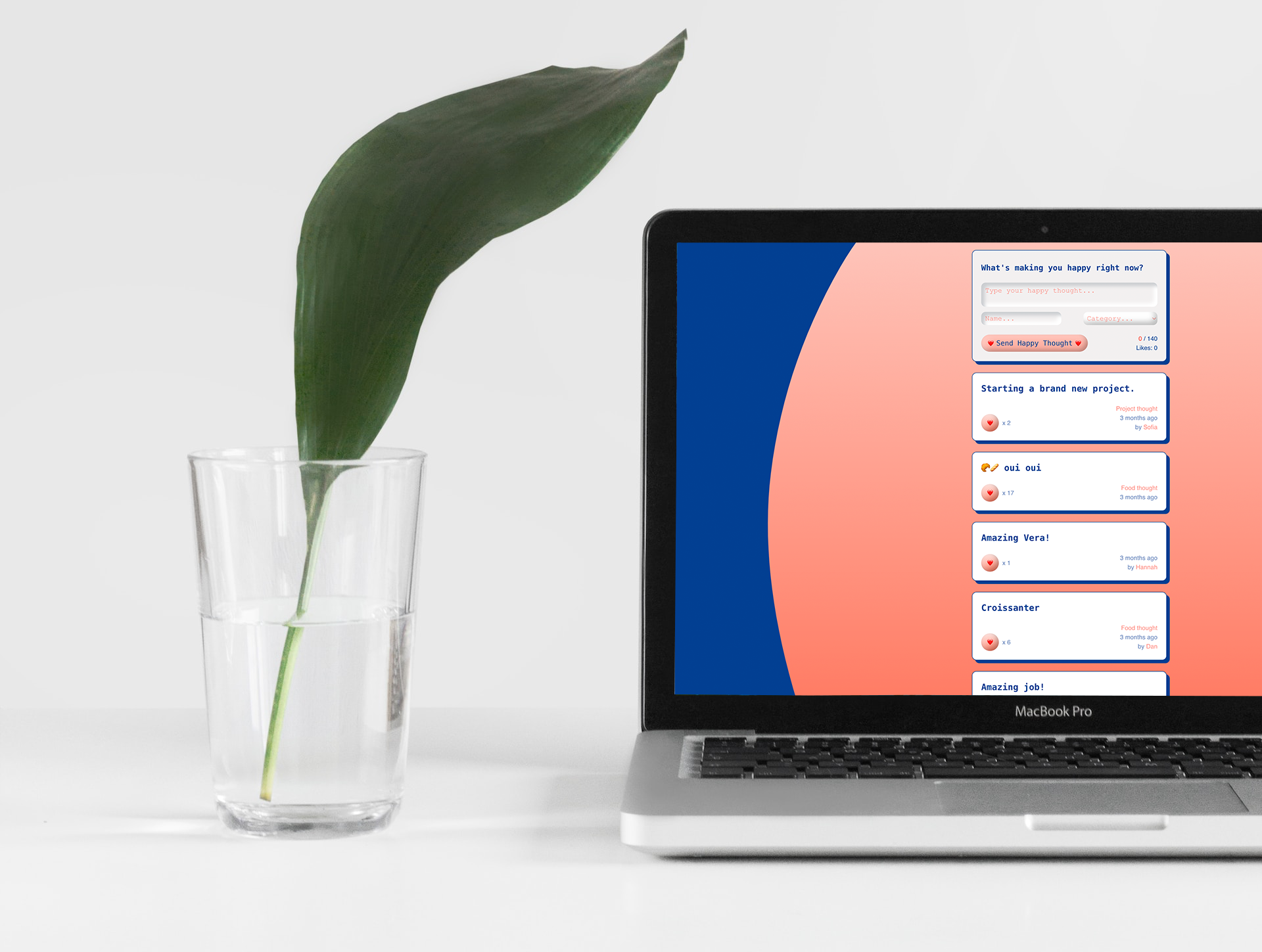 Laptop on desk displaying happy thoughts chatt app
